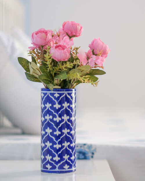 Blue Pottery Cylinder Flower Vase Dark Blue