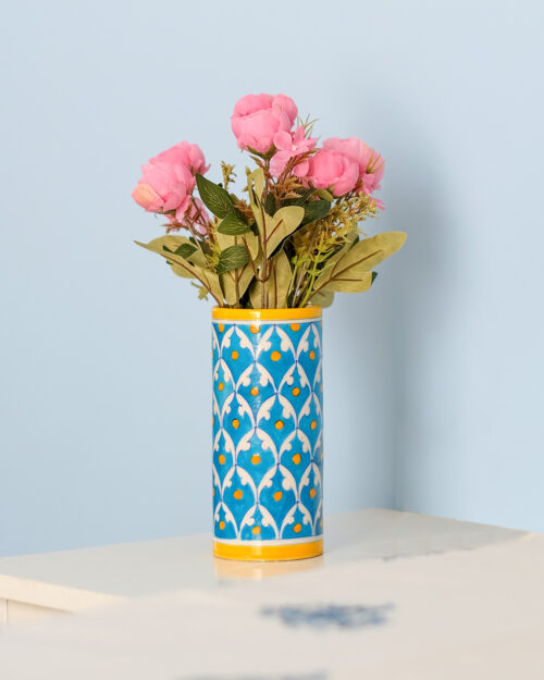 Blue Pottery Cylinder Flower Vase Yellow & Blue