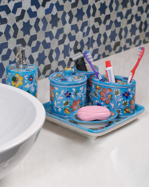 Light Blue Floral Blue Pottery Bathroom Set