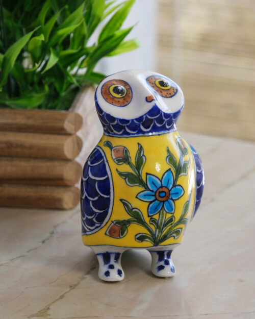 Owl Blue Pottery Decor Piece Blue & Yellow