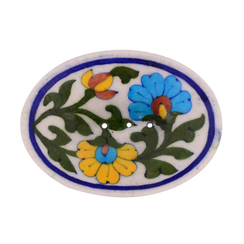 White Floral Blue Pottery Soap Tray