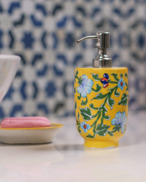 Yellow Blue Pottery Soap Dispenser