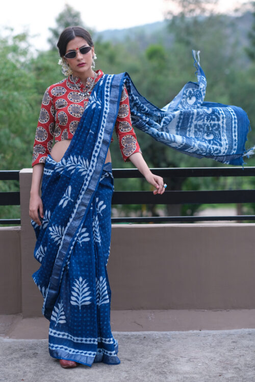 Oorjaa Hand-Woven Block Printed Indigo Linen Saree