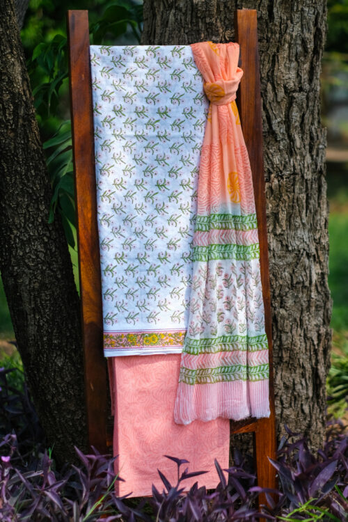 Peach Block-Printed Cotton Suit Piece with Dupatta