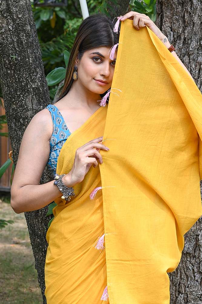 Buy Mulmul Cotton Yellow Saree For Women's And Girls Beautiful